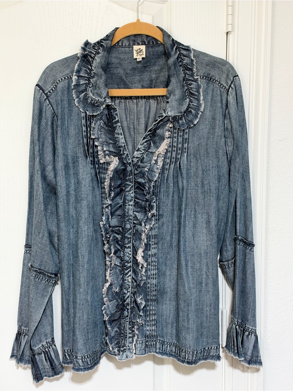 IVY JANE Ruffled Chambray Button Front Top - Blue